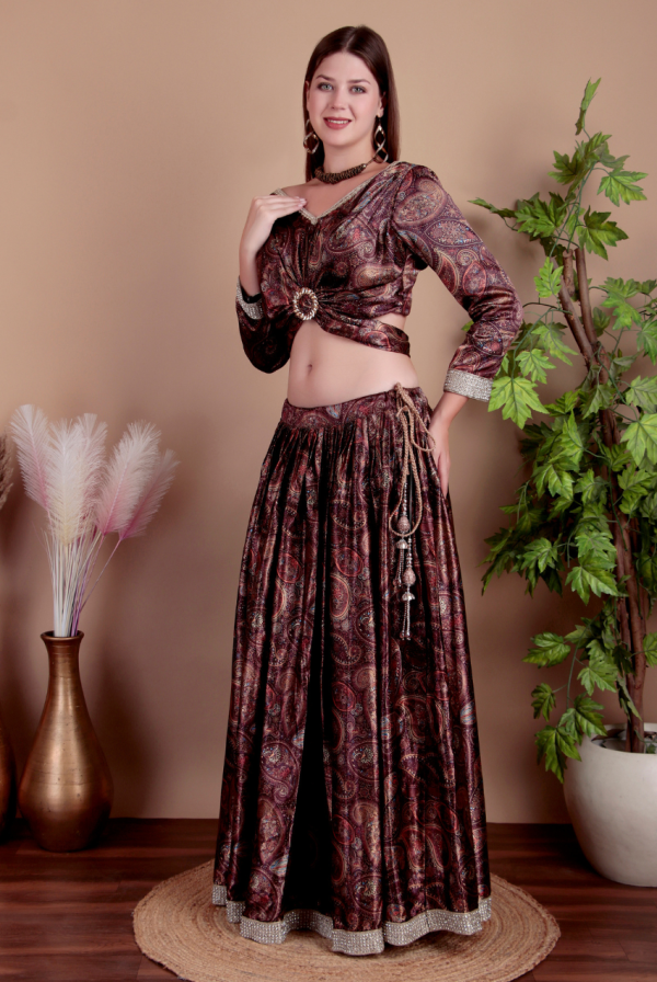 Fashmita Apparels,  Maroon Satin Lehenga Choli Set - Image 3