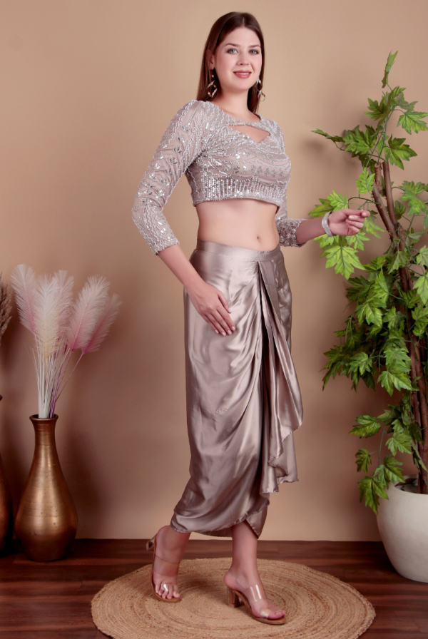 Grey Dhoti Saree Set with Embellished Crop Top - Image 3