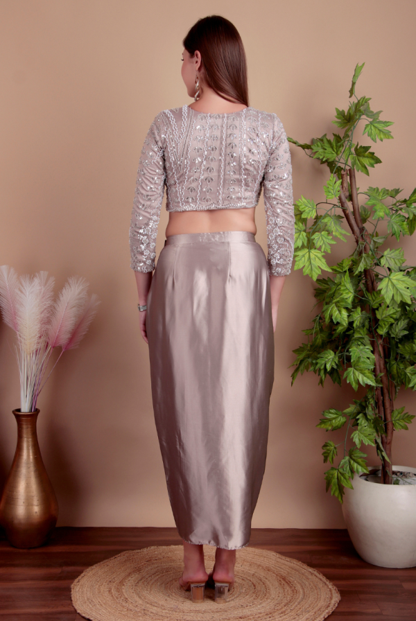 Grey Dhoti Saree Set with Embellished Crop Top - Image 6