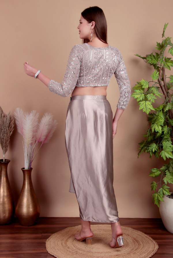 Grey Dhoti Saree Set with Embellished Crop Top - Image 7