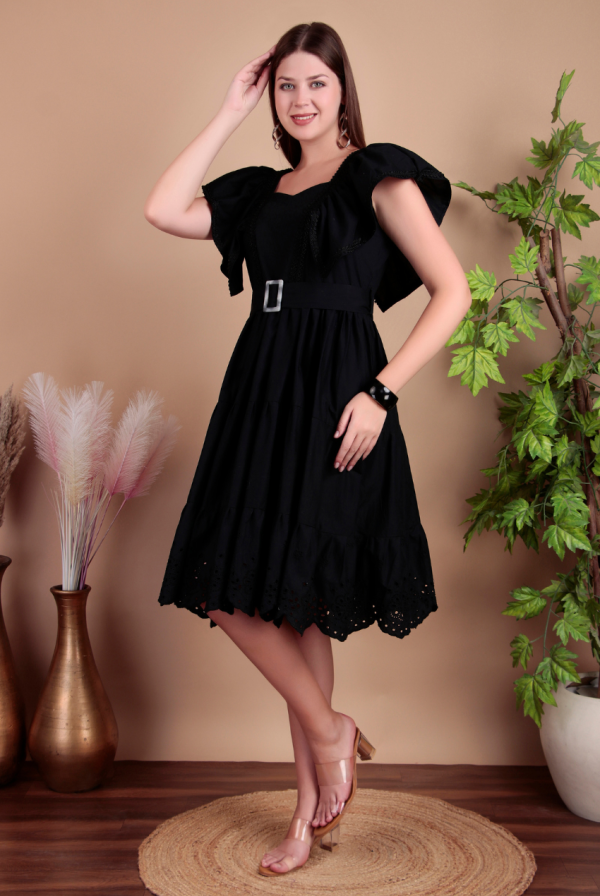 Fashmita Apparels,Cotton Midi Dress, Black, Ruffle Sleeves, Belted Waist - Image 2