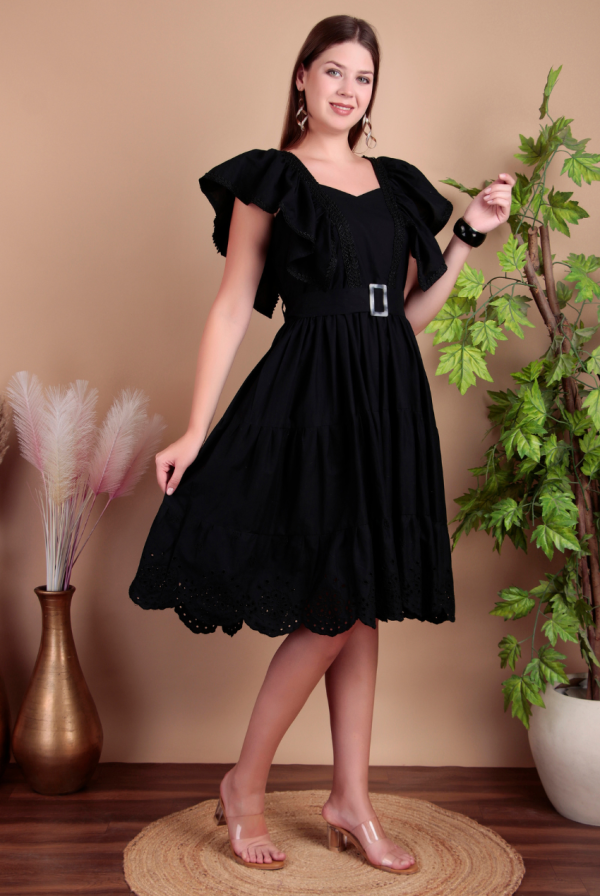 Fashmita Apparels,Cotton Midi Dress, Black, Ruffle Sleeves, Belted Waist - Image 4