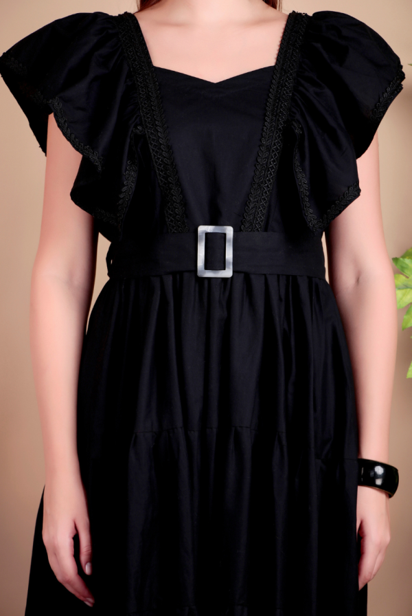 Fashmita Apparels,Cotton Midi Dress, Black, Ruffle Sleeves, Belted Waist - Image 5