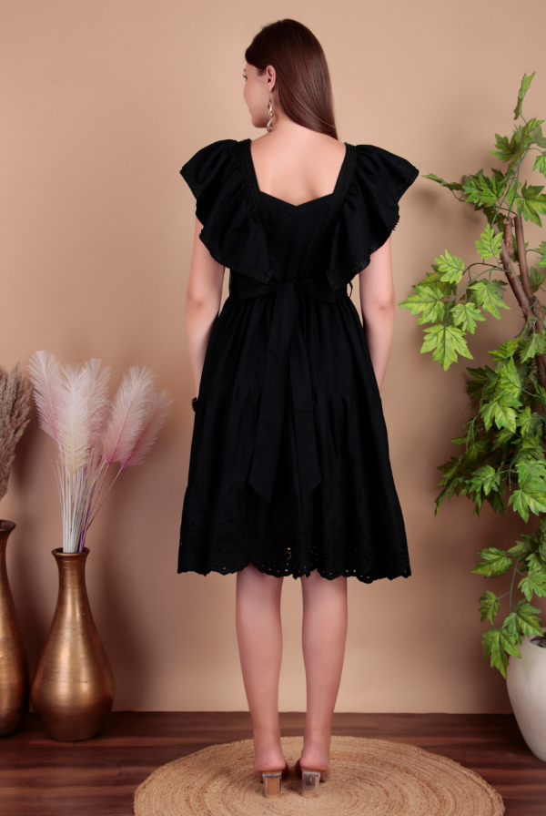 Fashmita Apparels,Cotton Midi Dress, Black, Ruffle Sleeves, Belted Waist - Image 6