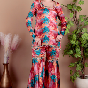 Fashmita Apparels, Women’s Floral Printed Satin Co-Ord Set with Palazzo Pants and Lace Detailing | Satin Fabric, Sharara