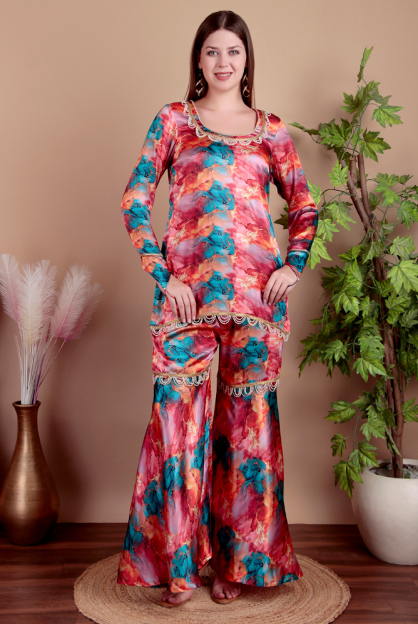 Fashmita Apparels, Women’s Floral Printed Satin Co-Ord Set with Palazzo Pants and Lace Detailing | Satin Fabric, Sharara