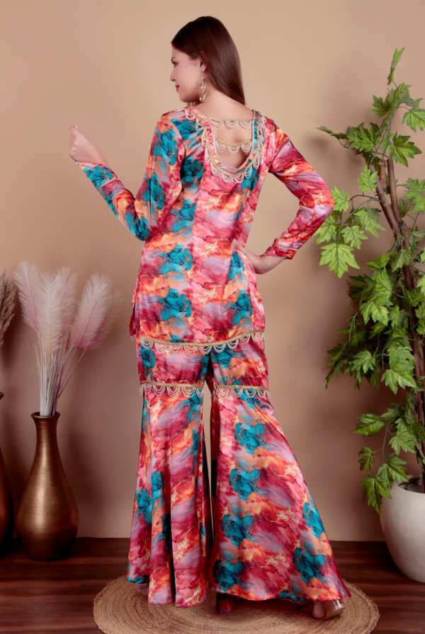Fashmita Apparels, Women’s Floral Printed Satin Co-Ord Set with Palazzo Pants and Lace Detailing | Satin Fabric, Sharara - Image 7