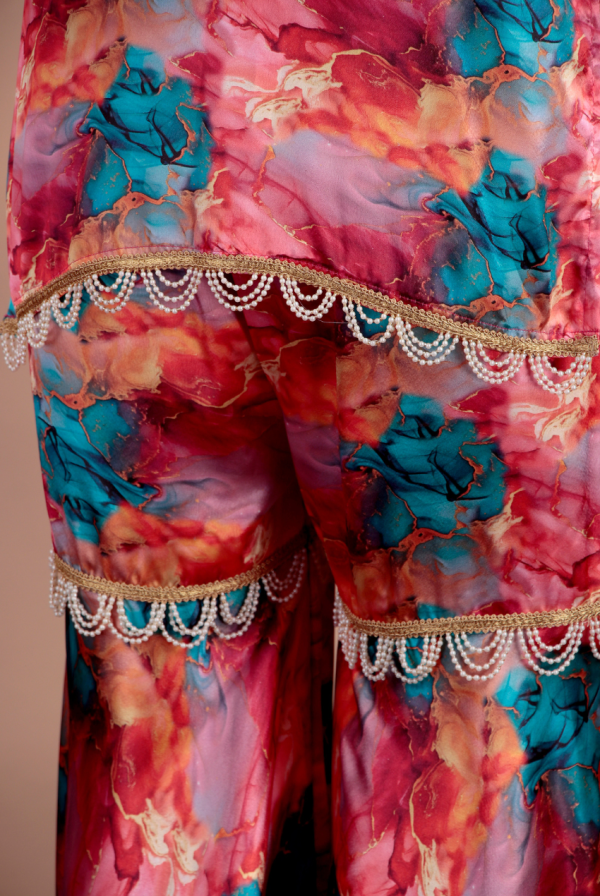 Fashmita Apparels, Women’s Floral Printed Satin Co-Ord Set with Palazzo Pants and Lace Detailing | Satin Fabric, Sharara - Image 4