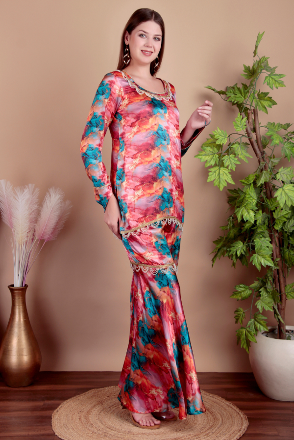 Fashmita Apparels, Women’s Floral Printed Satin Co-Ord Set with Palazzo Pants and Lace Detailing | Satin Fabric, Sharara - Image 3