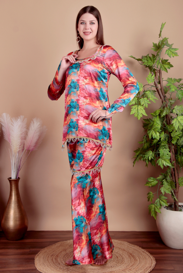 Fashmita Apparels, Women’s Floral Printed Satin Co-Ord Set with Palazzo Pants and Lace Detailing | Satin Fabric, Sharara - Image 2