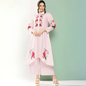 White Pink Strip Floral Kurta Palazzo Suit