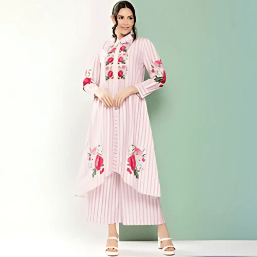 White Pink Strip Floral Kurta Palazzo Suit