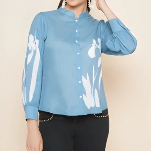 Floral Printed Mandarin Collar Cotton Shirt Style Top