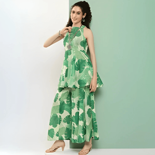 Green Lead Print Kurta Sharara Set