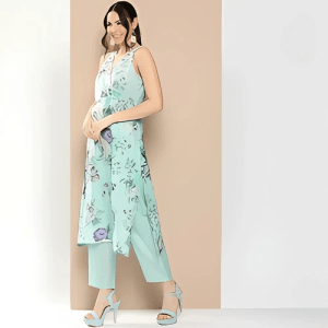 Blue Floral Printed Wrap Up Kurta Palazzo Suit