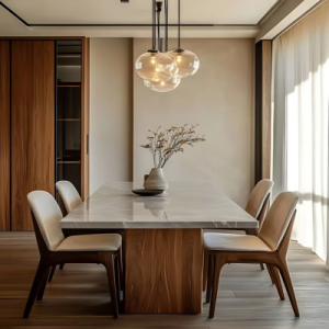 Classic Dining Room Design with Marble Table and Seamless Wood Storage