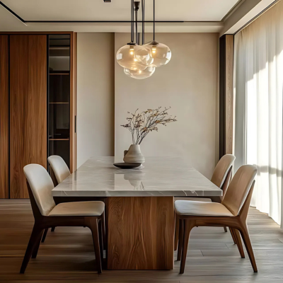 Classic Dining Room Design with Marble Table and Seamless Wood Storage