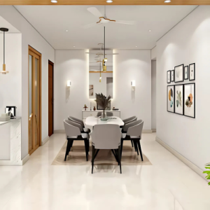 Minimal Dining Room Design with Marble Table and Mixed Material Seating