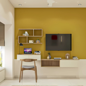 Mid-Century Modern Study Room Design With Open Wooden Wall Shelf