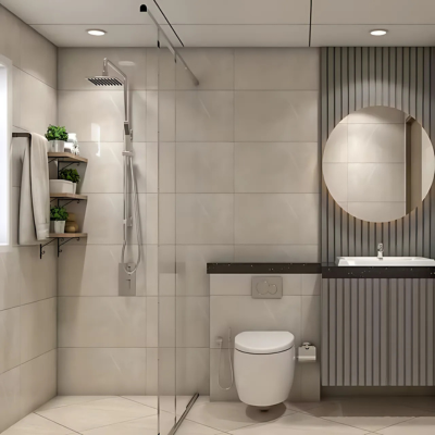 Glossy Marble-Look Beige Cramic Bathroom Tiles Design