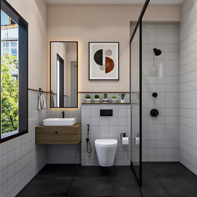 White and Black Ceramic Matte Grid Bathroom Tiles Design